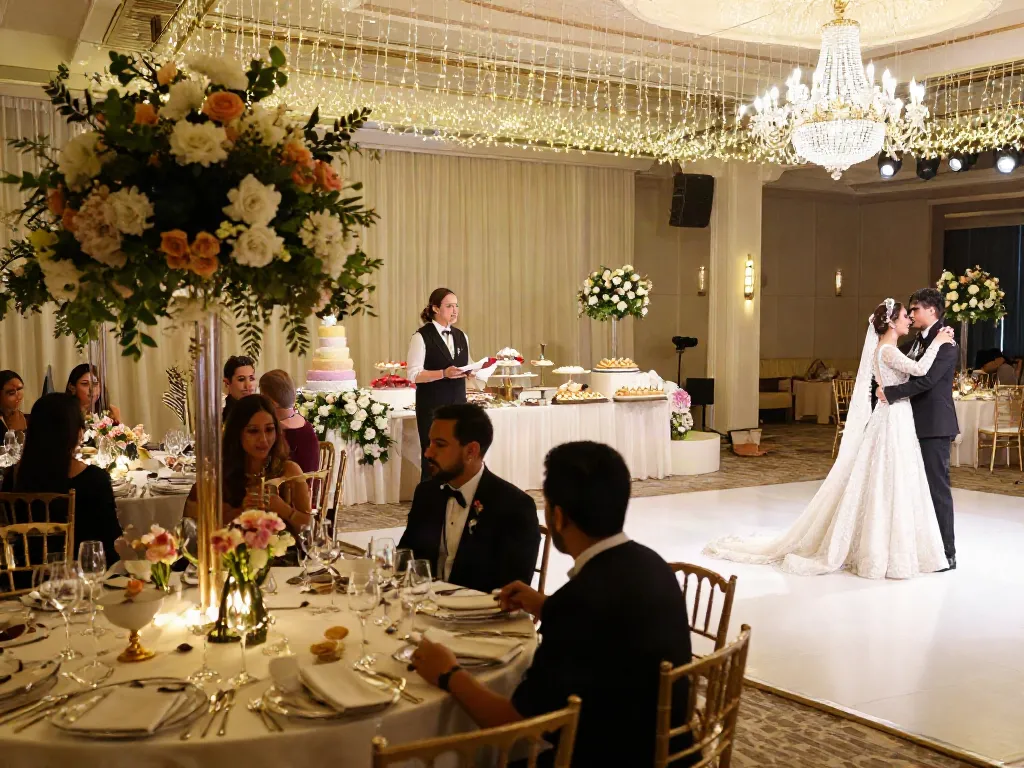 Event rental ksa - Elegant wedding reception featuring stunning decorations and a professional planner ensuring a perfect atmosphere.