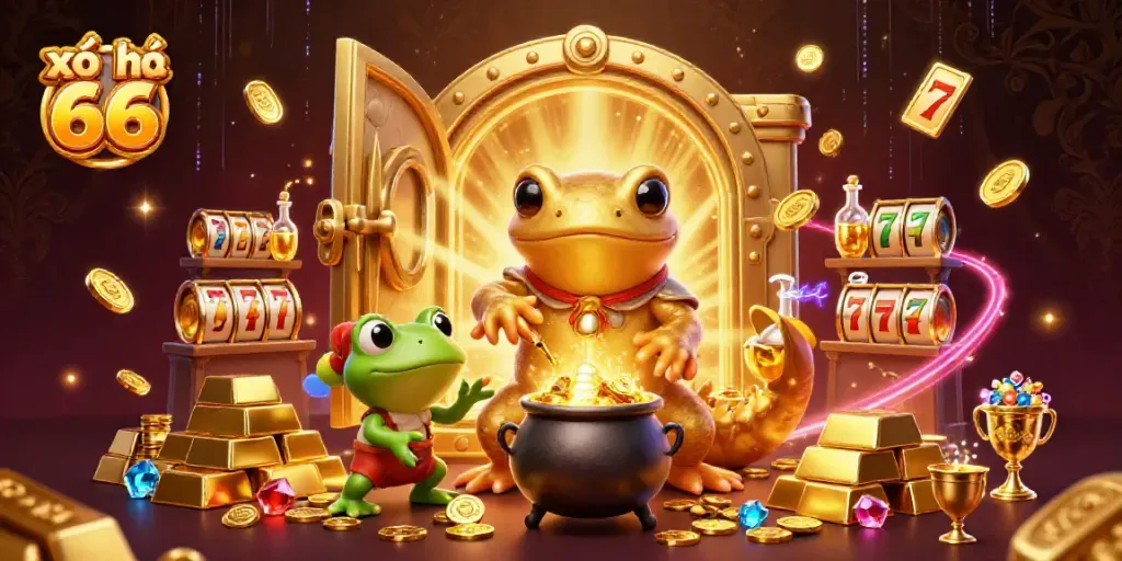Experience the riches of xổ số 66 with this vibrant 3D illustration capturing a magical alchemy scene.