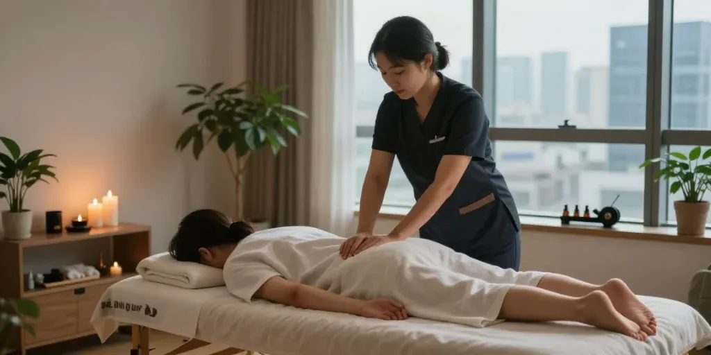 Relaxing 강남출장안마 session in a modern urban apartment with soothing ambiance