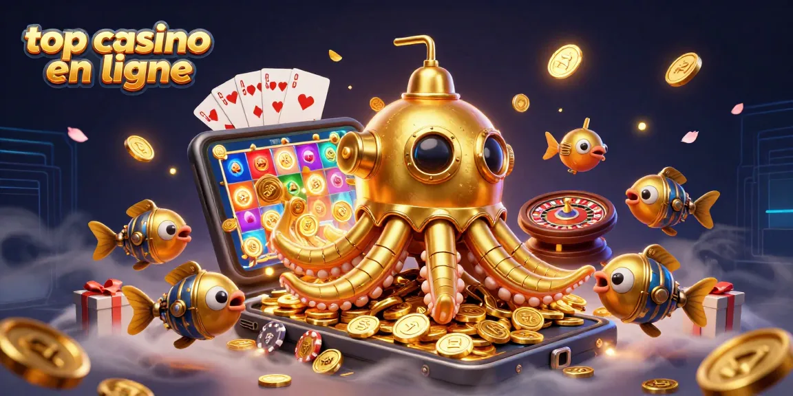 Vue dynamique d'un top casino en ligne avec un kraken doré émergeant, entouré de joyaux du jeu.