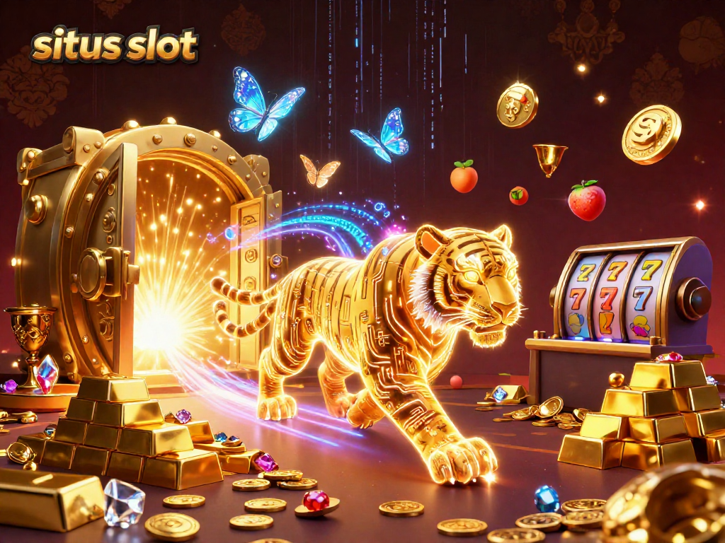 Menang besar di situs slot dengan slot reel dan simbol keberuntungan menyebar.