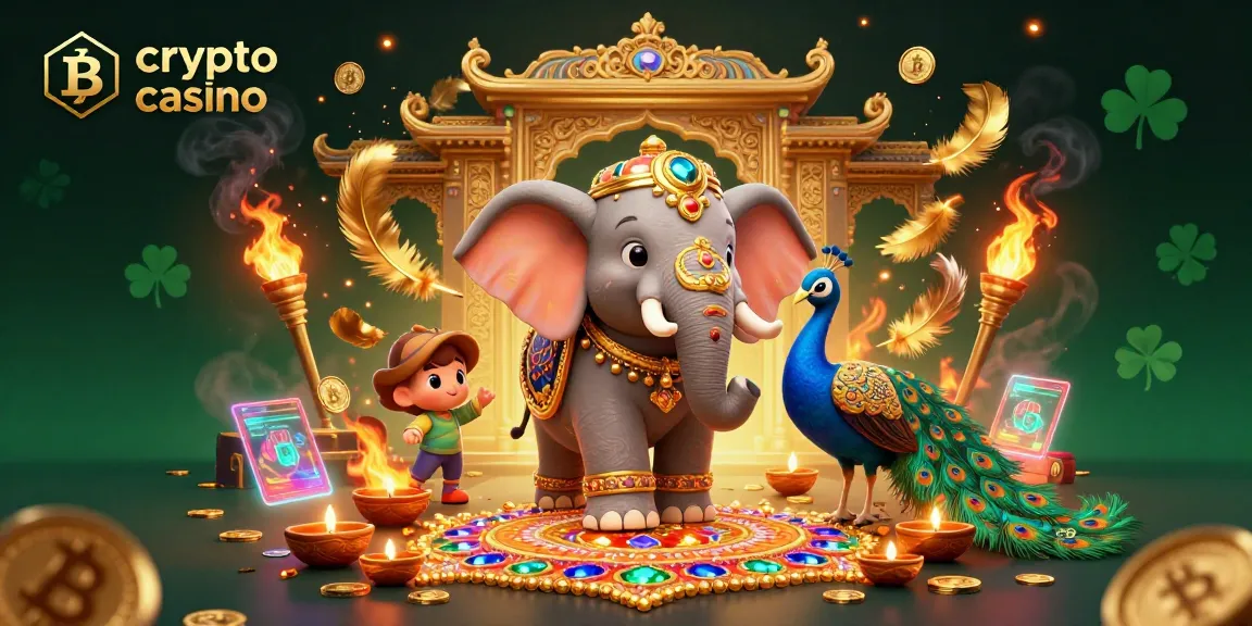 Gagnez en jouant au crypto casino avec des pièces Bitcoin, un éléphant orné et un paon coloré.