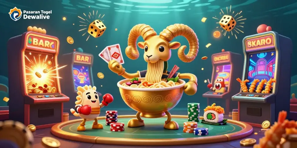 Experience the excitement of Pasaran Togel Dewalive with a dynamic 3D gambling scene full of vibrant characters and casino elements.