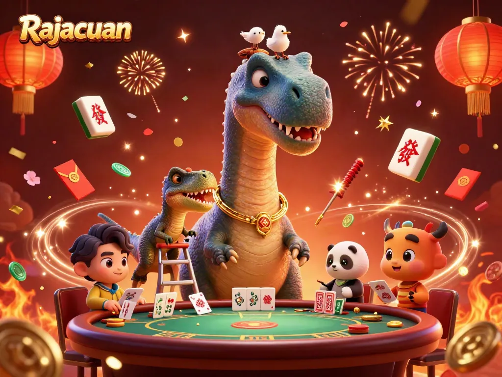 Rajacuan brontosaurus towering in a lively casino scene with mahjong tiles and festive decorations.