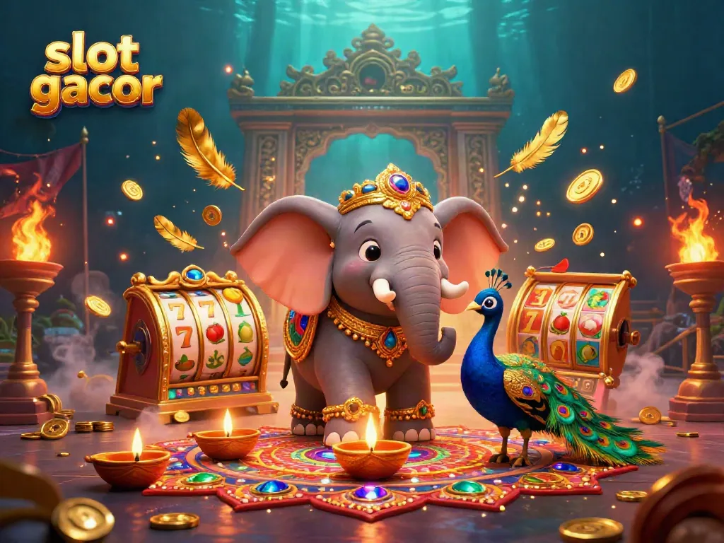 Bermain slot gacor dengan elefant menghias dan simbol keberuntungan dalam suasana ceria.