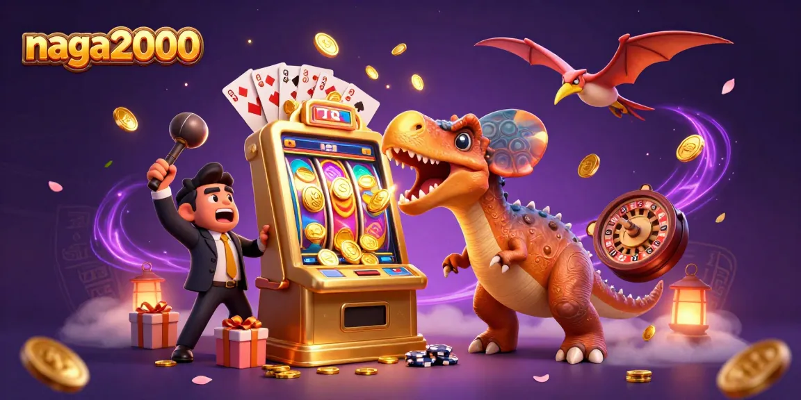 Naga2000 menang besar dengan dinosaurus menanduk mesin slot, mengeluarkan koin emas.