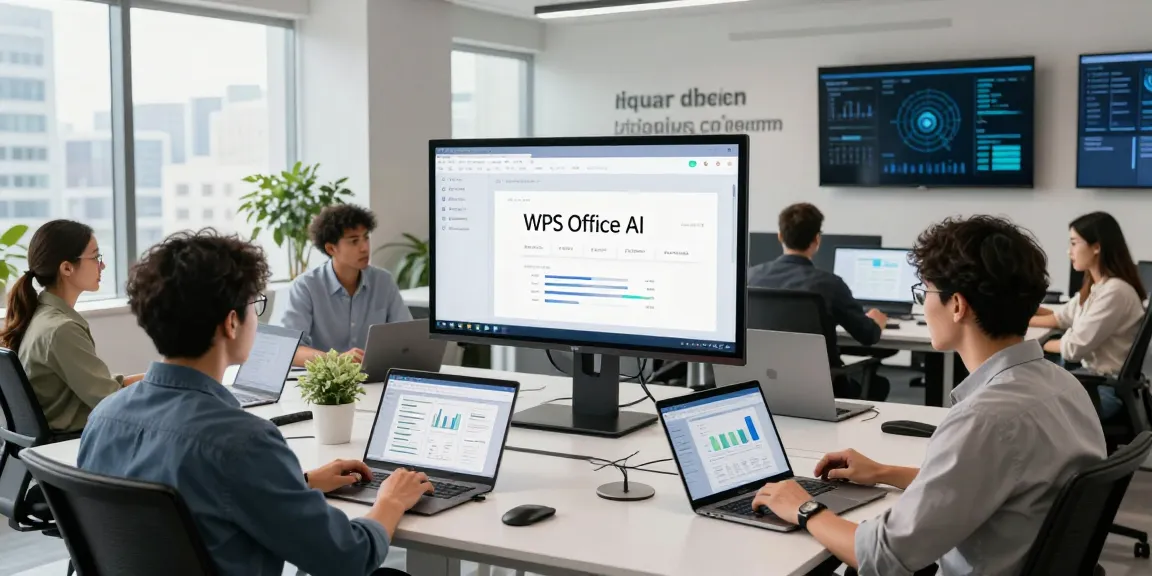 A diverse team collaborating with the latest WPS下载 cloud software in a modern office setting, showcasing AI features and document editing.