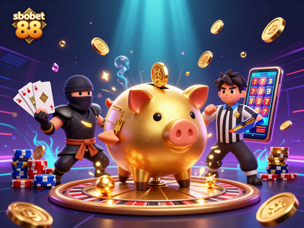 Bet on sbobet 88 with excitement, featuring a golden sumo wrestler and thrilling casino elements.
