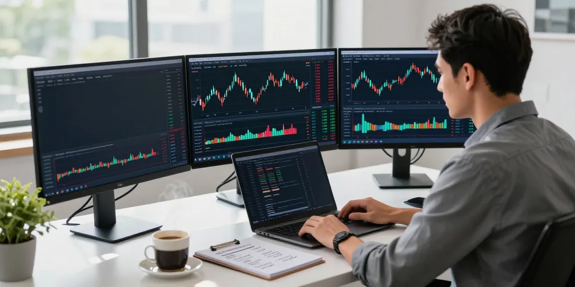 Trader analyzing charts on the MetaTrader 5 platform in a stylish office