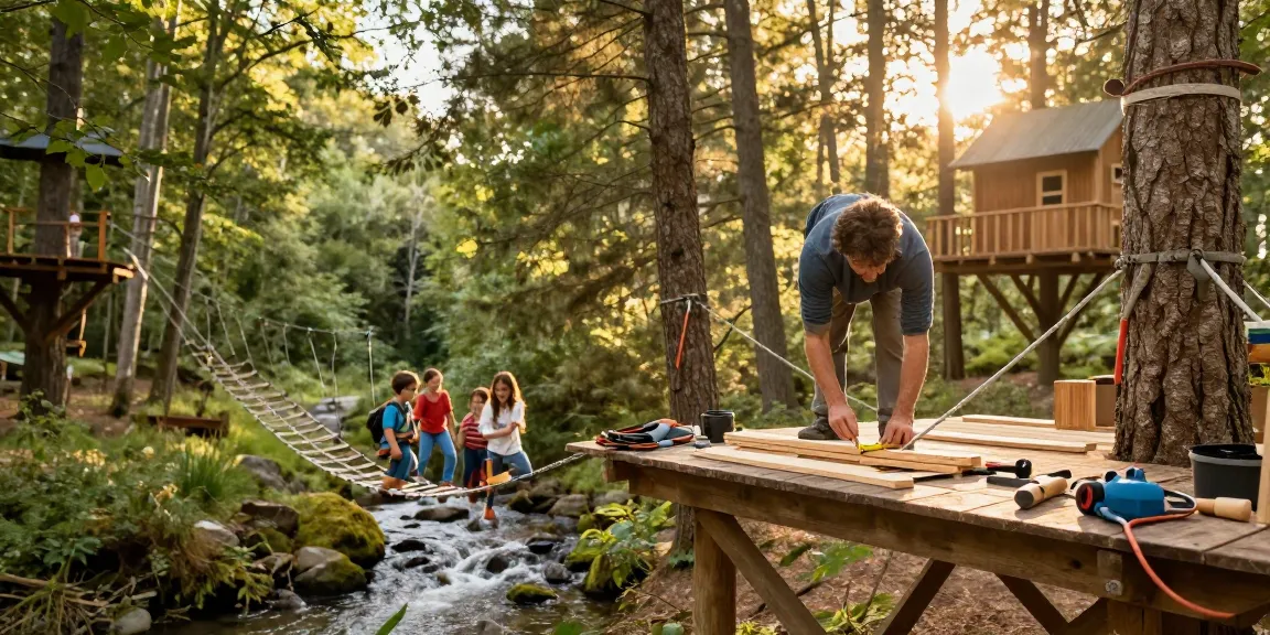 Rope Bridge design in a lush forest setting, showcasing a skilled carpenter at work with children nearby.