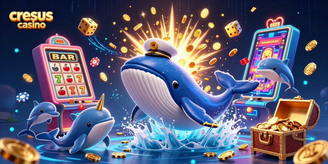 Cresus Casino présente une scène 3D vibrante avec une baleine, un narval et des dauphins parmi des machines à sous et des trésors.