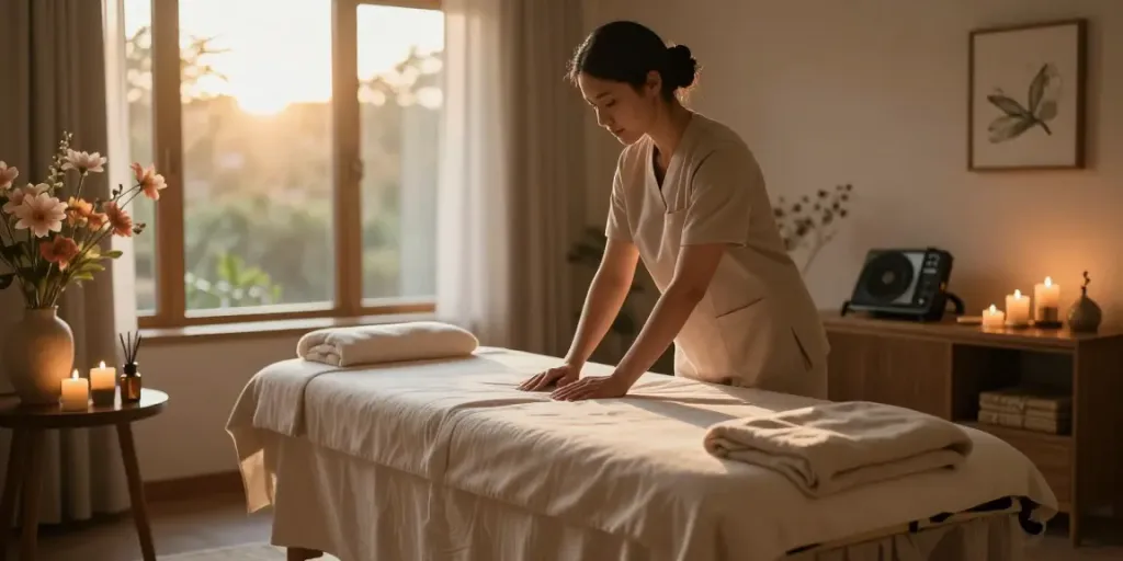 Relaxing 용인출장안마 therapy setup with calming ambiance, massage table, and aromatic oils.