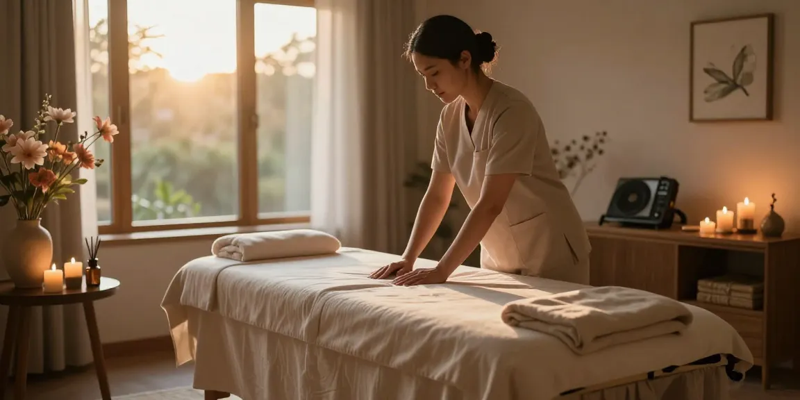 Relaxing 용인출장안마 therapy setup with calming ambiance, massage table, and aromatic oils.