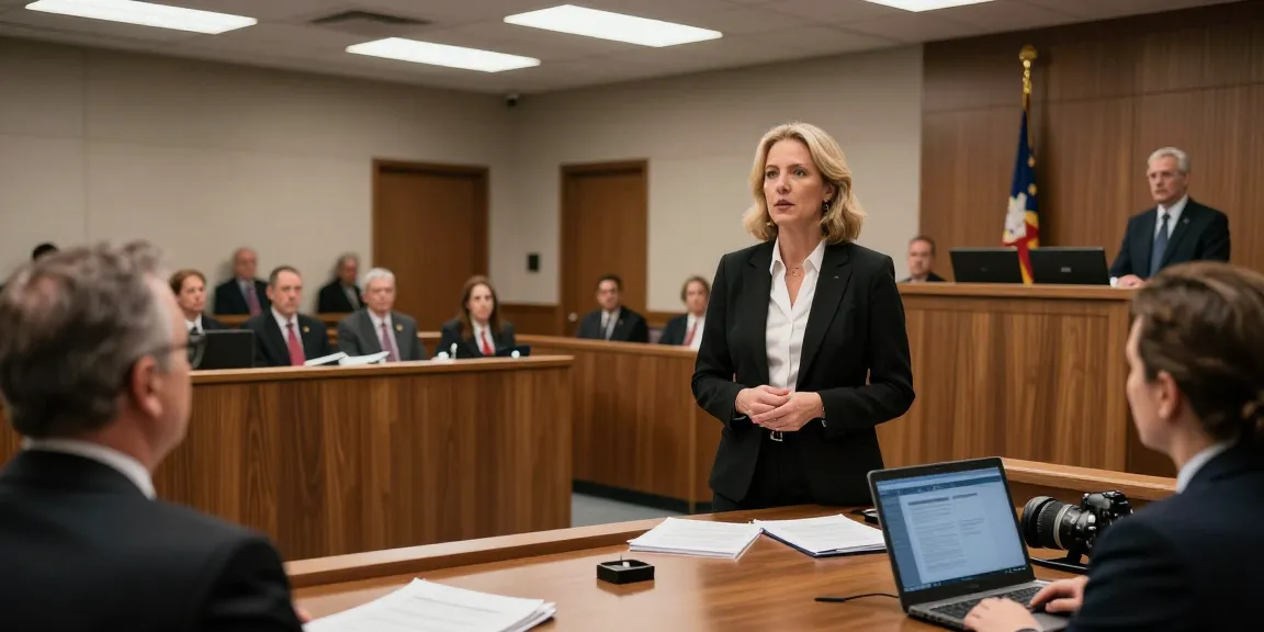 Karen McCleave Toronto presenting evidence in a modern courtroom setting.