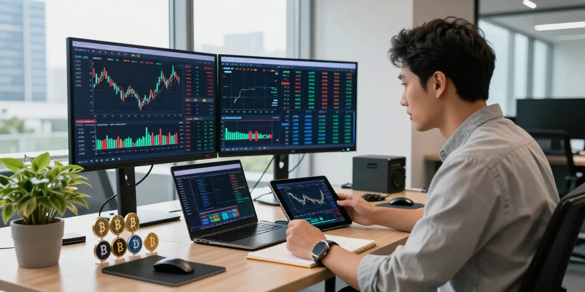 Trader reviewing okx reviews data on multiple screens in a modern office