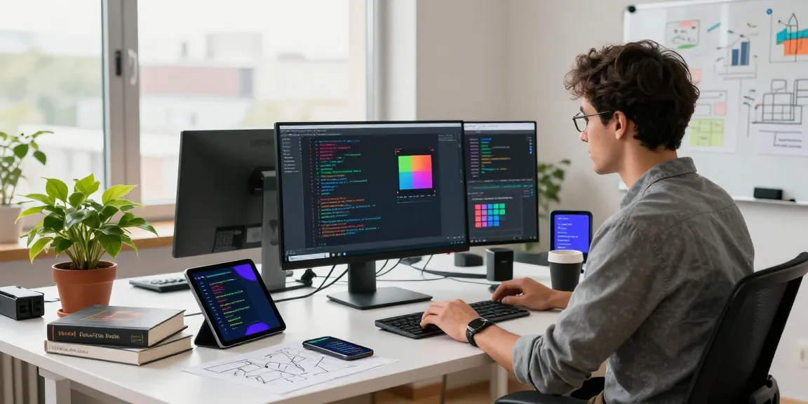 Developer focusing on code with a 64x64 pixel display in a modern workspace.