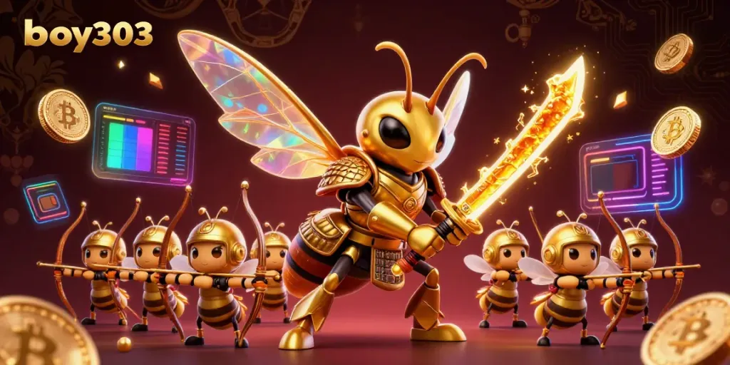 Engage in thrilling gameplay at boy303 with a vibrant casino adventure illustration featuring digital elements and characters.