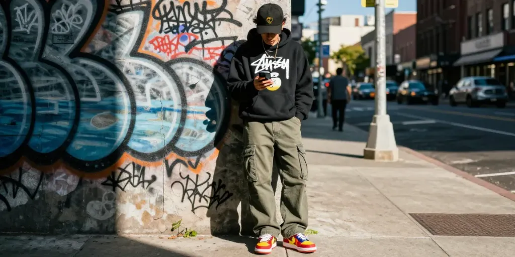 Stylish individual checking a stussy spreadsheet on their smartphone in an urban fashion setting.