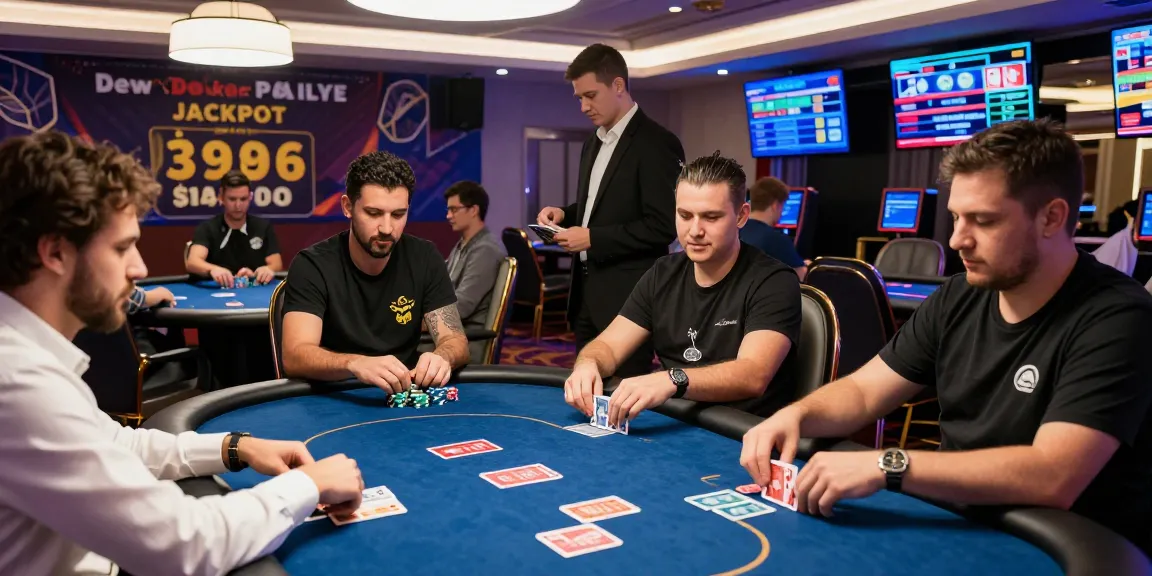 Dewapoker Live Jackpot poker tournament scene with players celebrating wins, vibrant casino atmosphere.