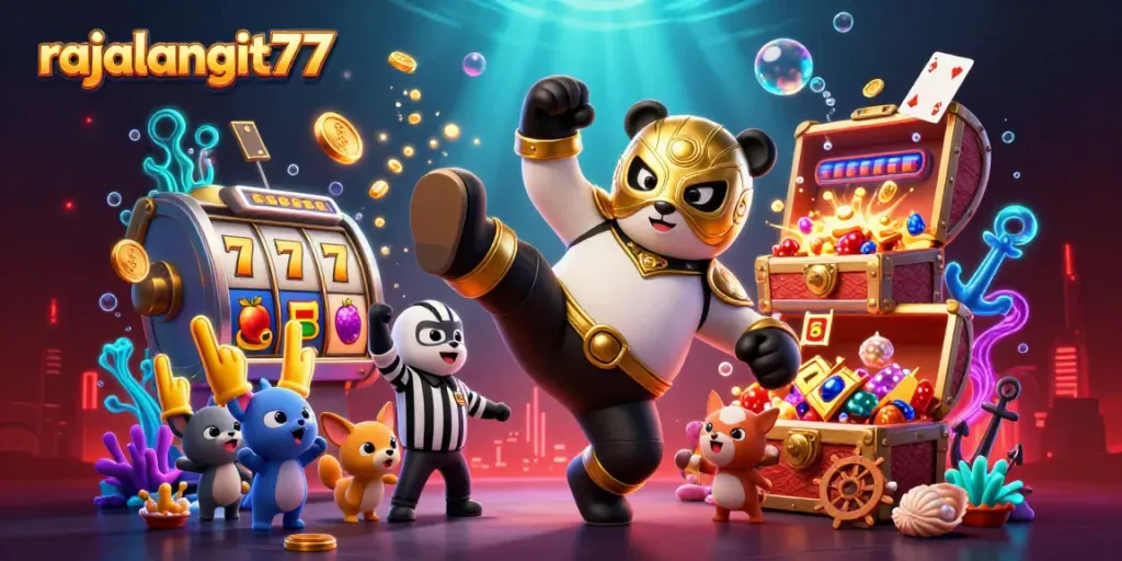 Gambaran seru rajalangit77 dengan panda pegulat 3D melakukan tendangan terbang di tengah kemeriahan kasino