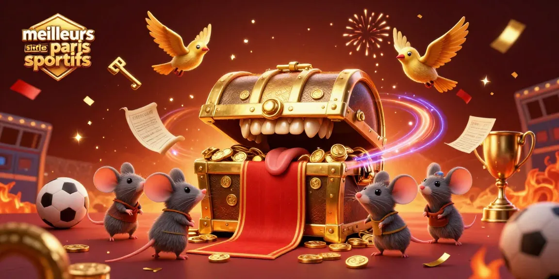 Célébrez les meilleurs sites de paris sportifs avec des personnages animés autour de trophées et éléments sportifs.