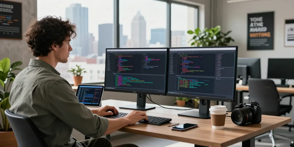 快连 software developer at desk coding with dual monitors in a collaborative workspace