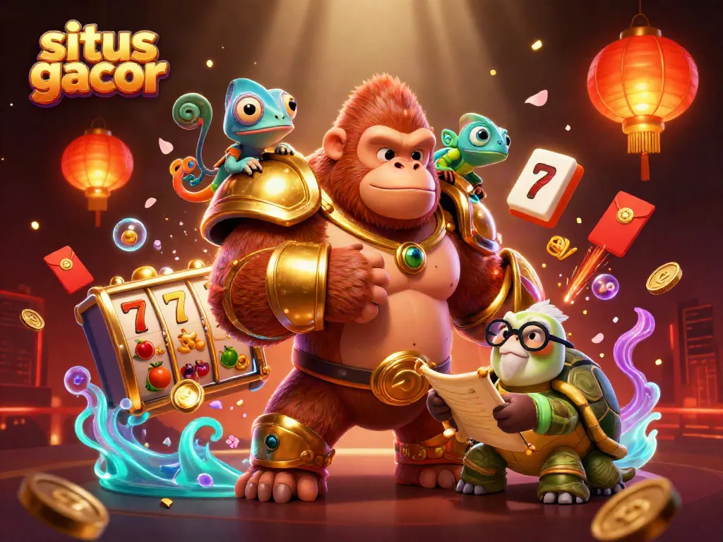 Engage with the situs gacor scene featuring a gorilla king, a chameleon spy, and a tortoise elder amid vibrant casino elements.