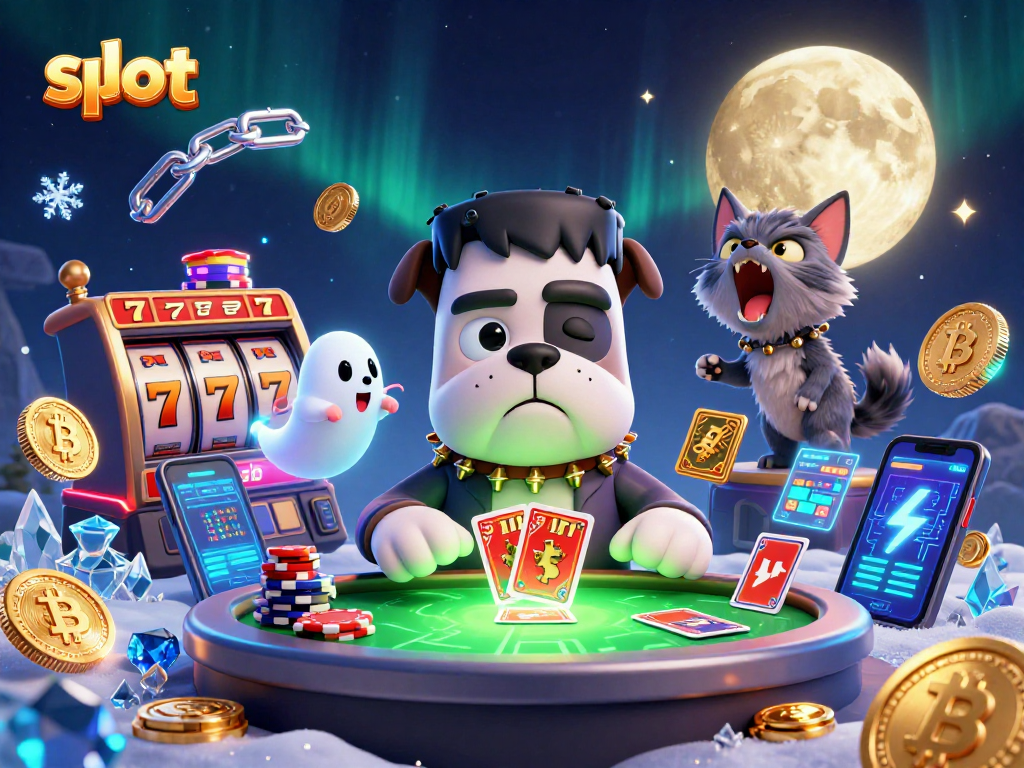 Engage in a lively slot scene with a Frankenstein bulldog dealing cards surrounded by vibrant game elements.
