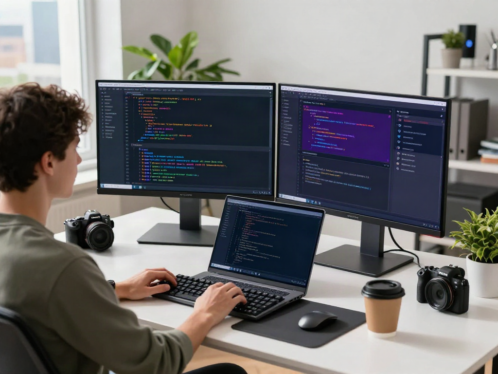 v2rayN官网 software development workspace with a developer coding on dual monitors and modern tech tools.