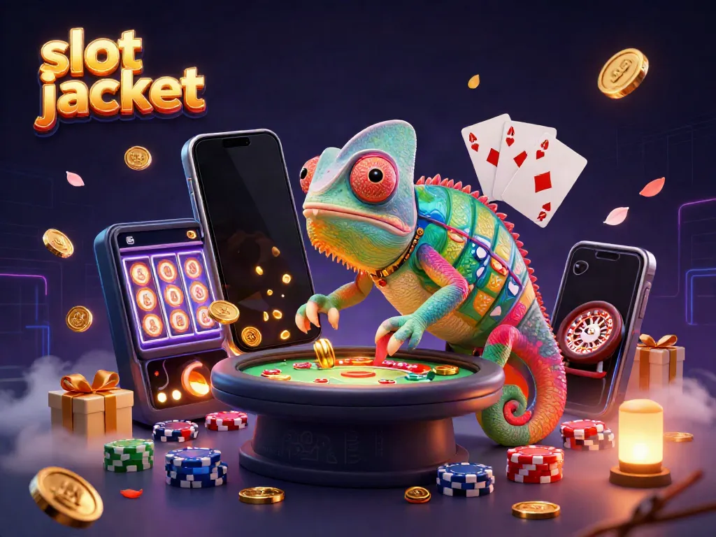 Engage with the thrilling slot jackpot atmosphere, featuring a colorful chameleon casino owner surrounded by dynamic gaming elements.