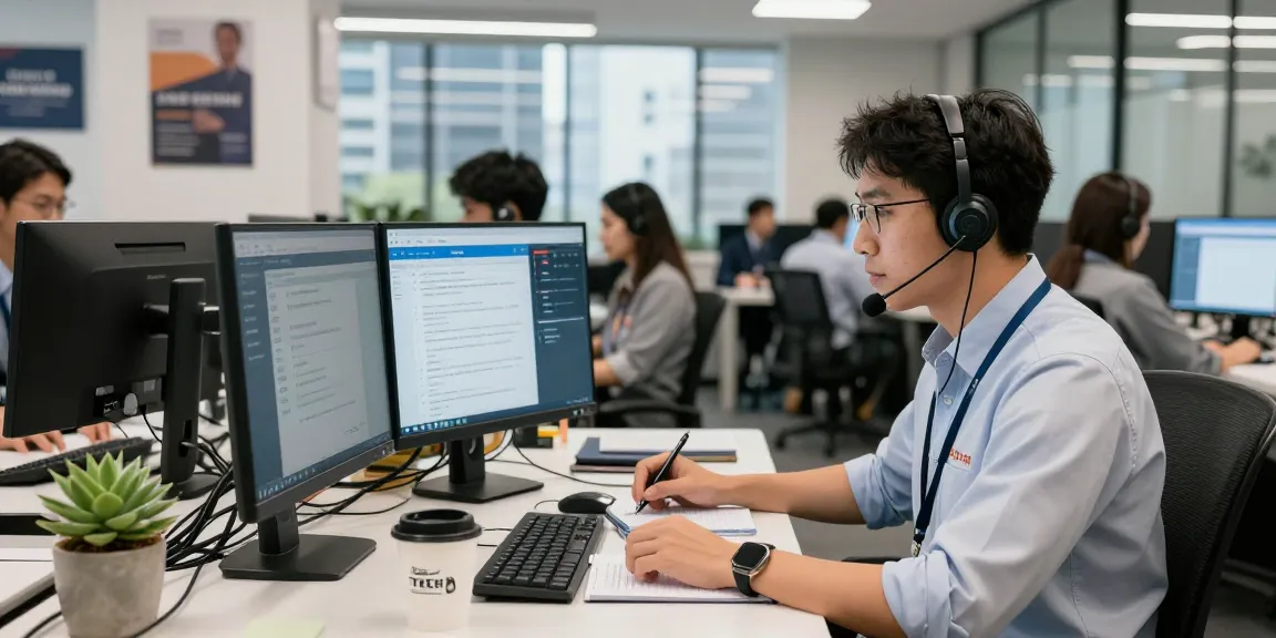 Customer support technician providing Telus-Technical-Support in a busy tech center, highlighting efficient service