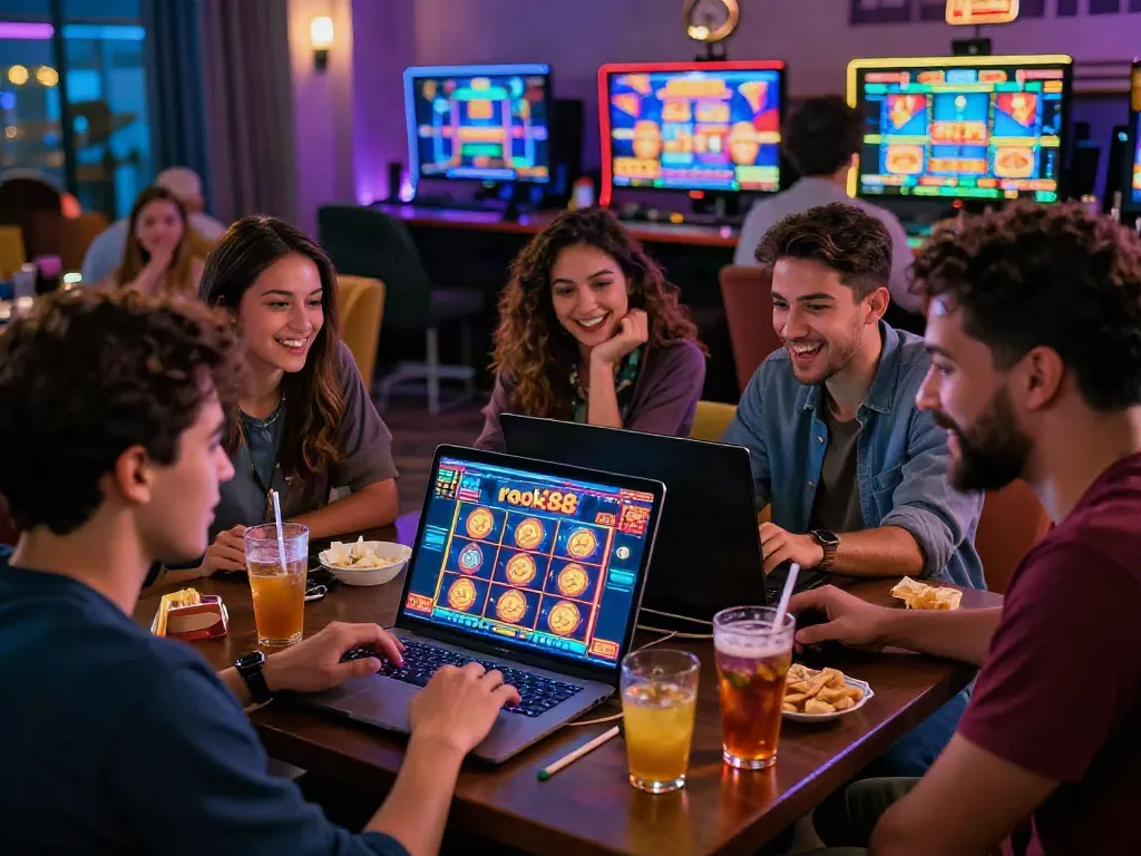 Excited group playing rokok88 slot in a vibrant online casino setting.