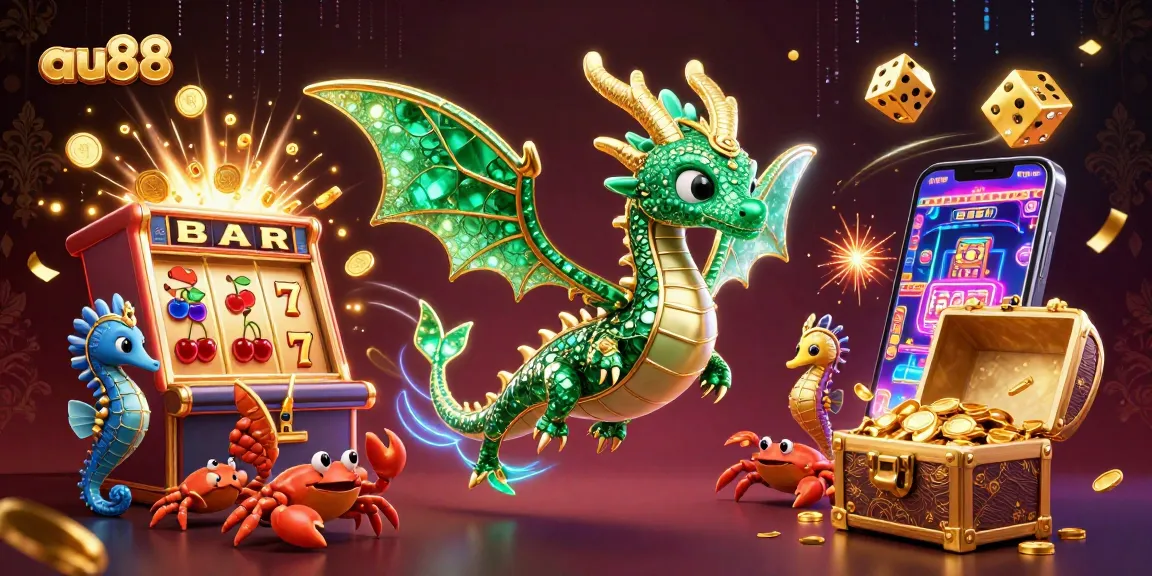 Join the action at au88 with a vibrant slot machine, sea dragon, and treasure-chest crabs!