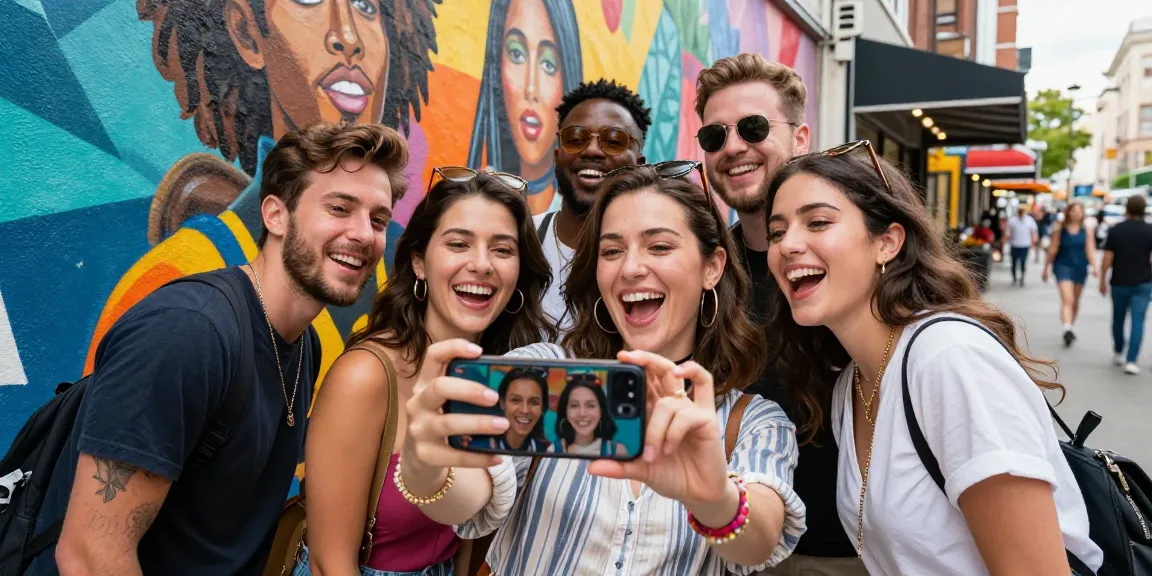 Friends discovering look alikes of famous people while taking selfies in an urban setting.