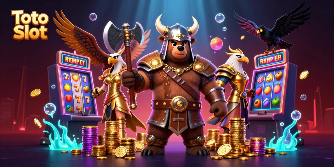 Toto Slot menampilkan beruang Viking dengan kapak dan elang Valkyrie dengan efek slot yang berkilau.