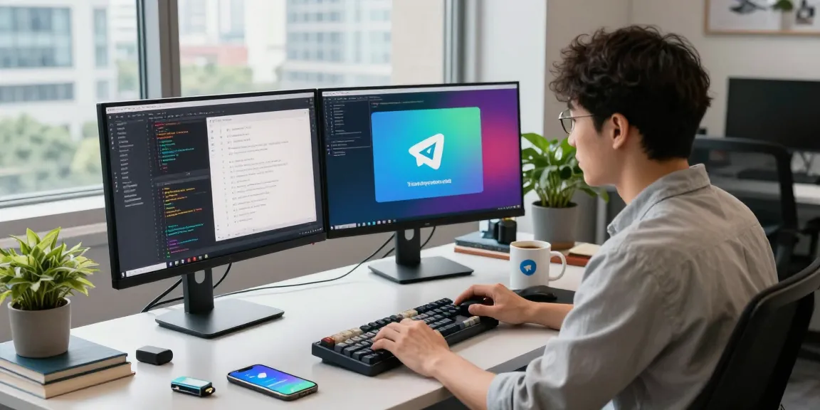 Developer using Telegram China 2026 in a modern workspace with dual monitors, focused on coding.