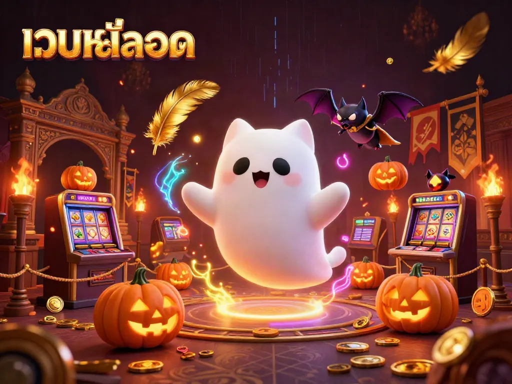 Join the excitement at เว็บสล็อต as a friendly ghost cat floats through a haunted casino, showcasing vibrant gaming elements.