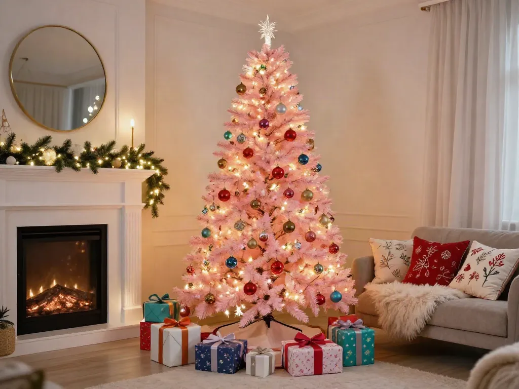 Pink pre lit xmas trees beautifully displayed in a cozy holiday living room