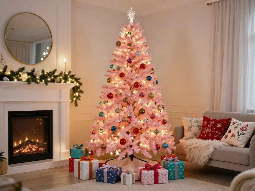 Pink pre lit xmas trees beautifully displayed in a cozy holiday living room