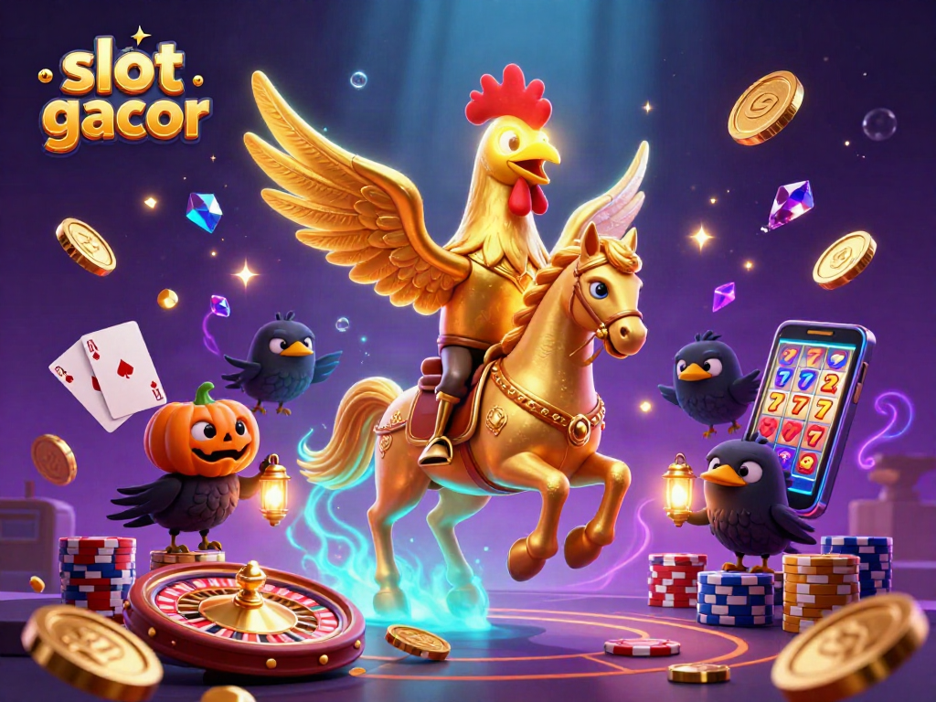 Experience exhilarating slot gacor action with a golden rooster and treasure-filled casino scene.