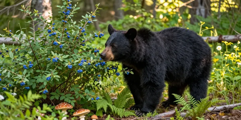 A black bear foraging for berries in the forest, showcasing its diverse bear diet and natural foraging behavior.