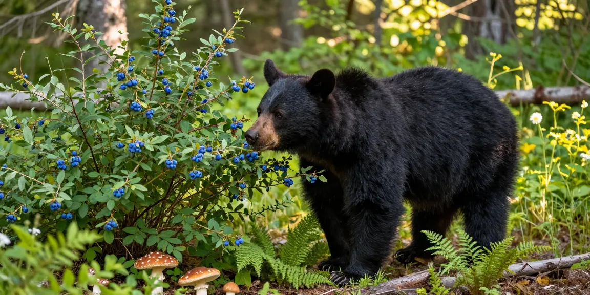 A black bear foraging for berries in the forest, showcasing its diverse bear diet and natural foraging behavior.