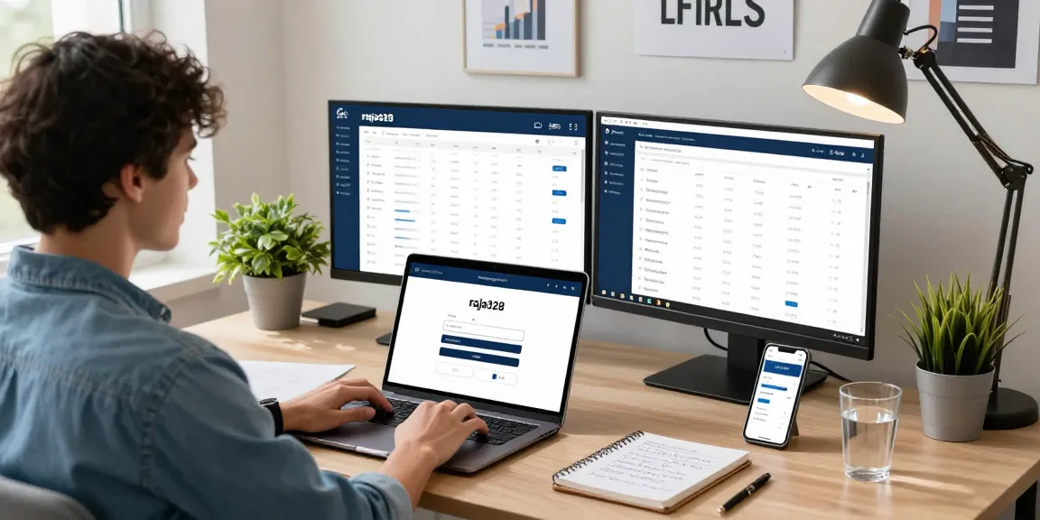 User accessing raja328 login on laptop in a stylish home office setting, with financial analytics displayed on screens.