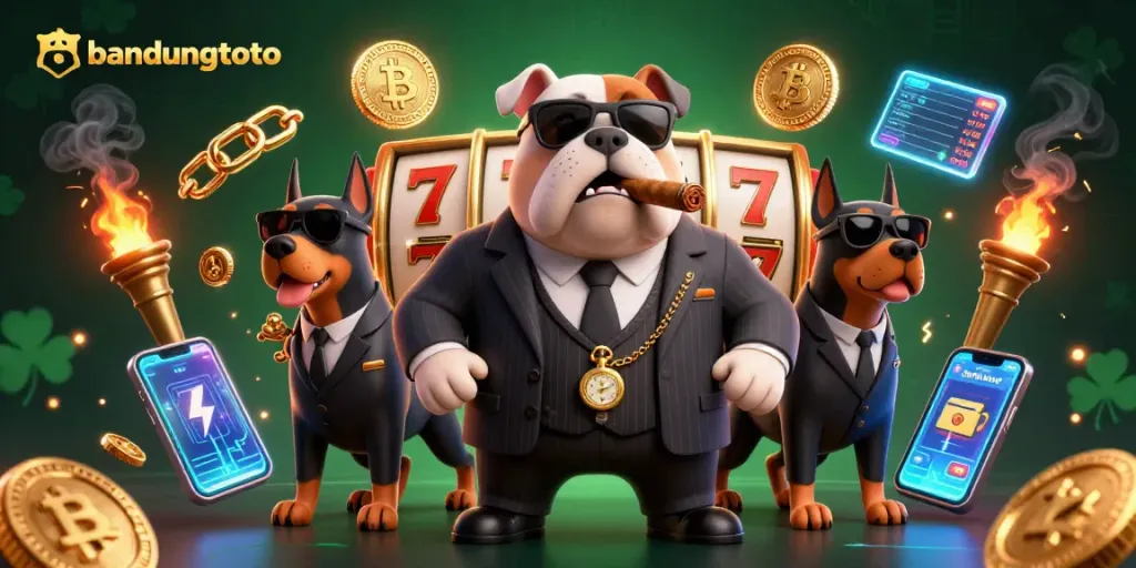 Experience bandungtoto with a vibrant 3D casino scene featuring mafia characters and slot elements.
