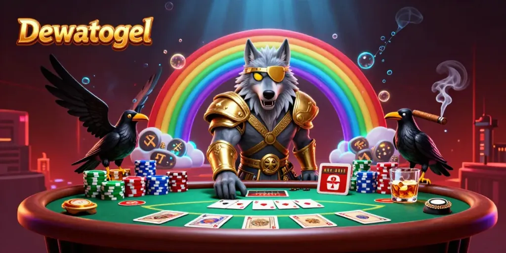 Dewatogel showcases an energetic scene with a mythical wolf and ravens on a casino bridge.