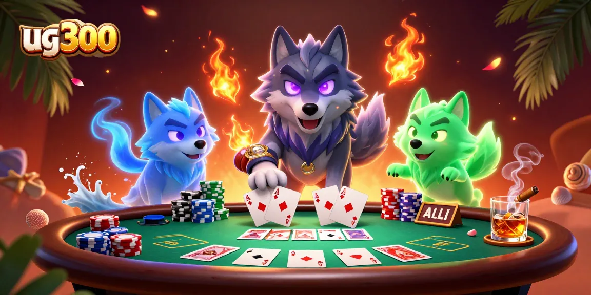 Permainan kartu poker oleh ug300 dengan pemimpin serigala bayangan dan teman-teman hantu dalam suasana kasino.
