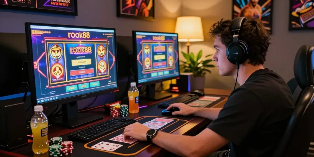 Engaged player at computer featuring rokok88 slot login interface with vibrant gaming ambiance.