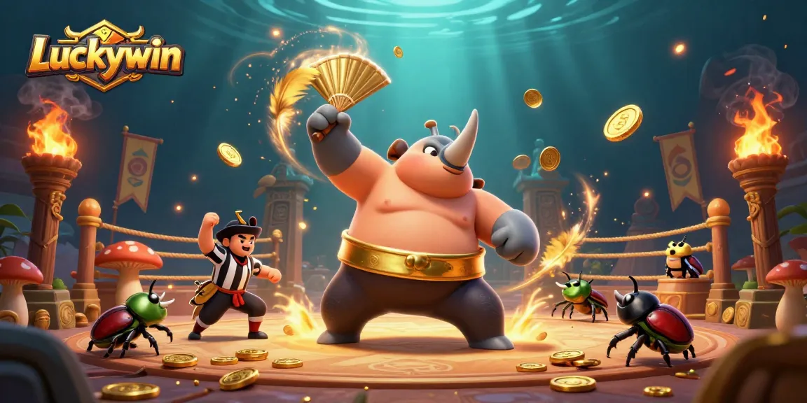 Experience the excitement of Luckywin with a dynamic 3D scene featuring a beetle champion and golden coins!