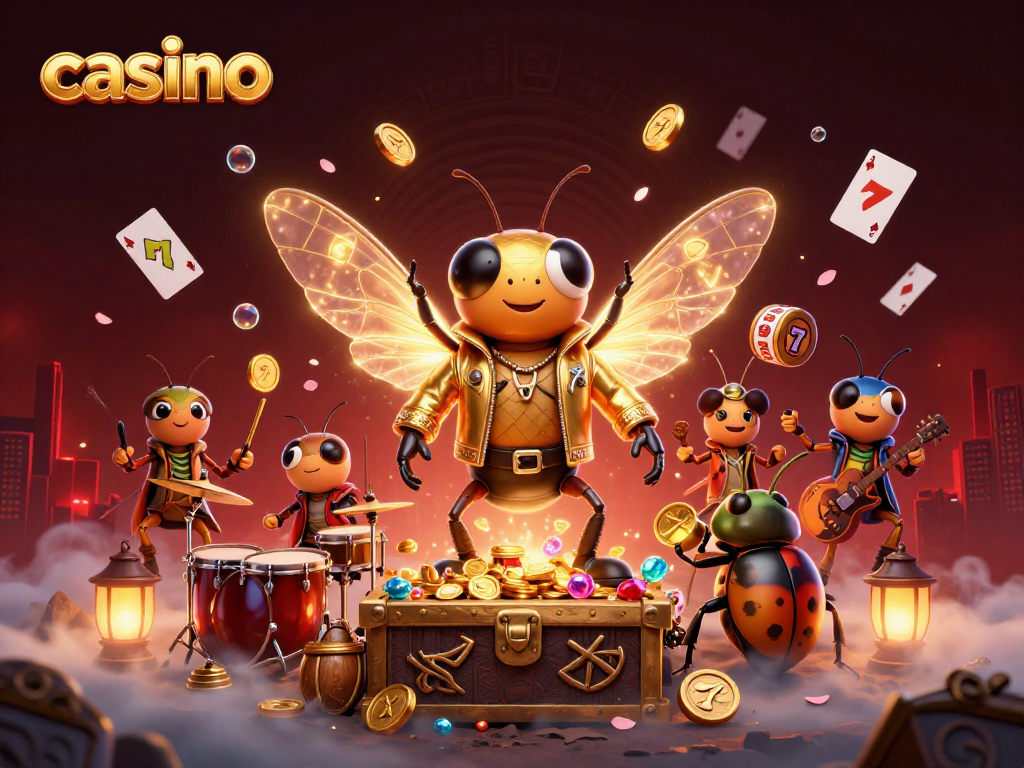 Engaging casino scene featuring a 3D cartoon cicada rock star, beetle drummer, and poker cards.