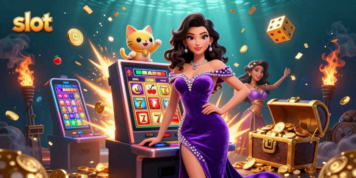 Engage with the slot experience, featuring a glamorous scene of a woman beside a jackpot slot machine and coins erupting.